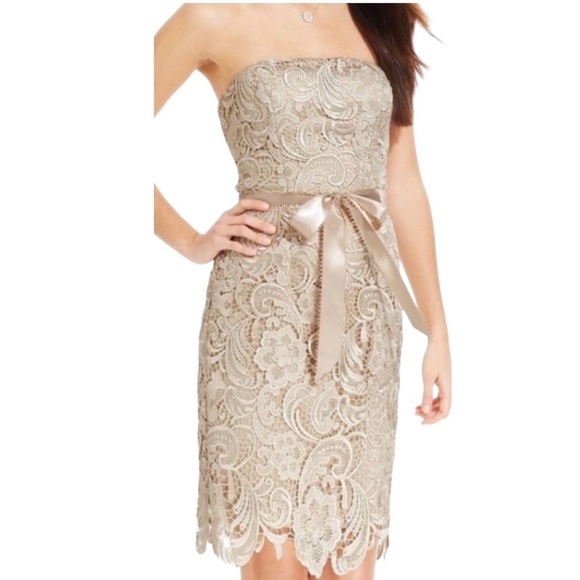 Adrianna Papell Dresses & Skirts - Adrianna Pappel Strapless Lace Knee Length Dress in Color Champagne Size 8P